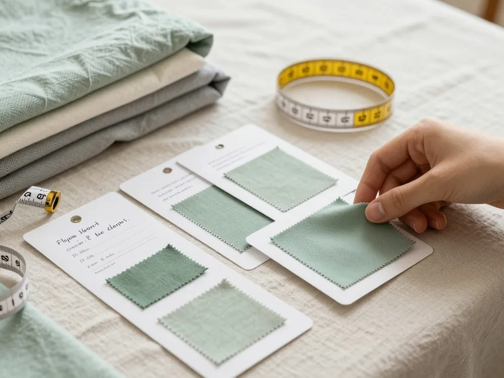 Close-up of a tailor measuring tape and handwritten fabric swatch cards spread across a linen table