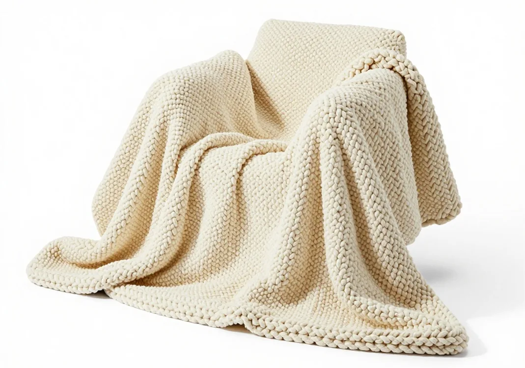 Side view of a hand-knitted chunky chenille weighted blanket in warm cream colour